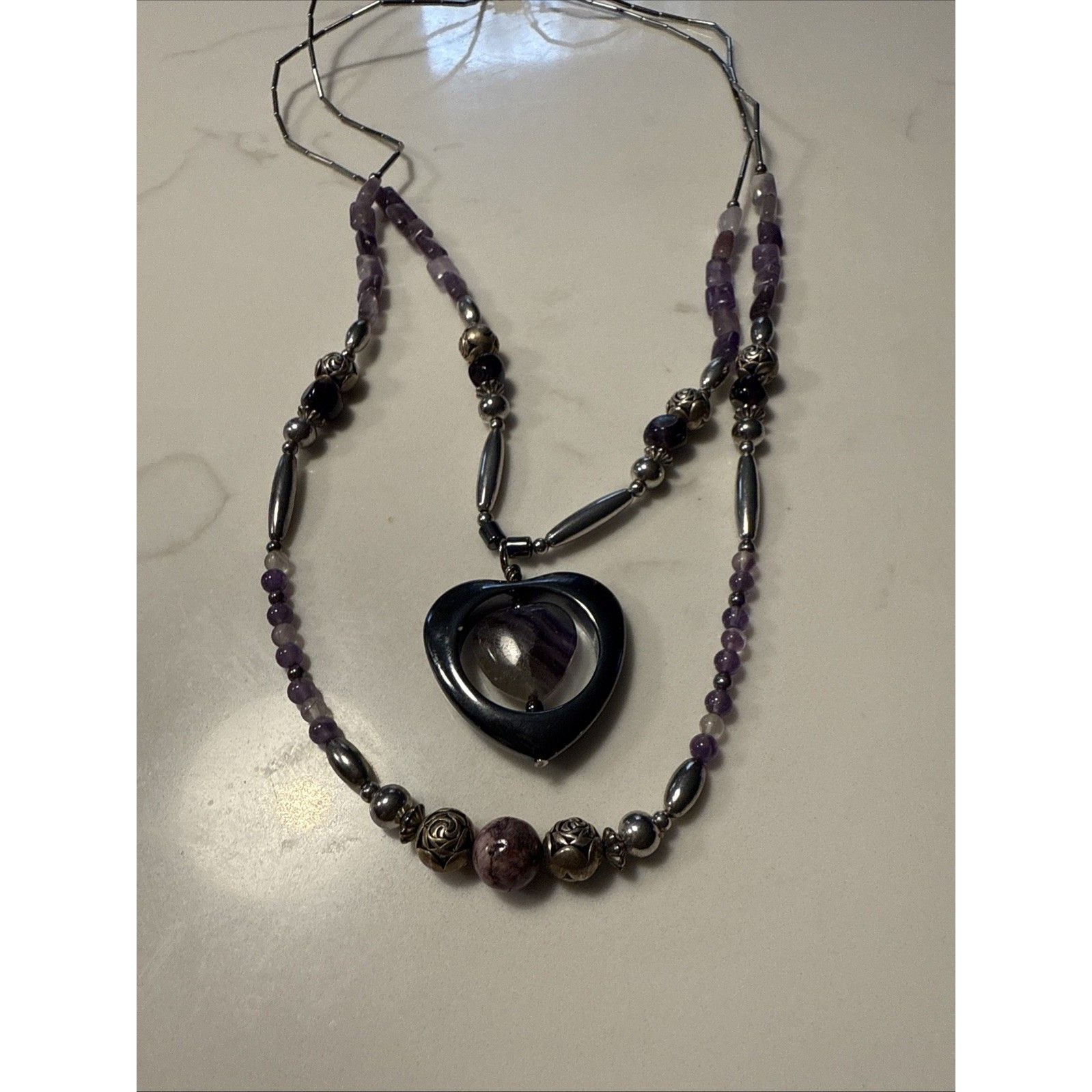 Two Strand Beaded Silver Tone Amethyst Heart Charm Necklace 23 Inch 13$